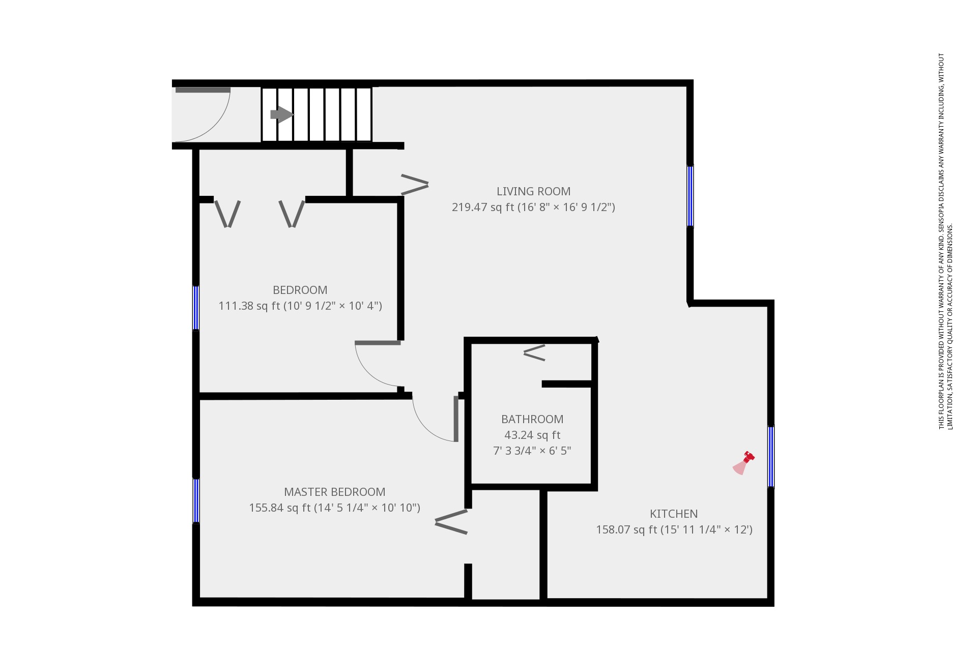 A floor plan of a house with a living room, two bedrooms, a bathroom, a kitchen, and a master bedroom.